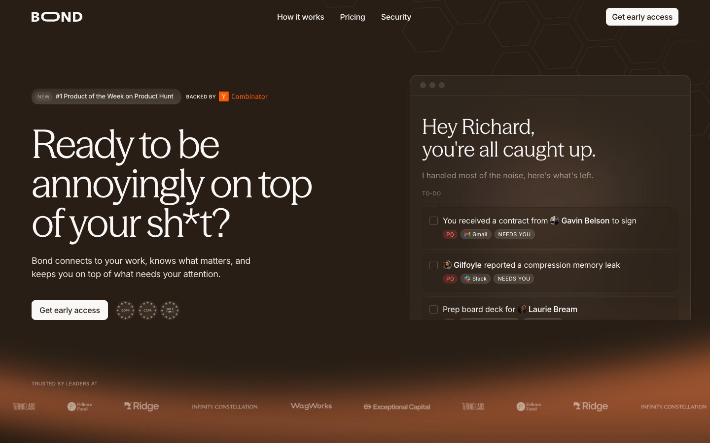 Bond home page, a Slack-based assistant that tracks what needs your attention.